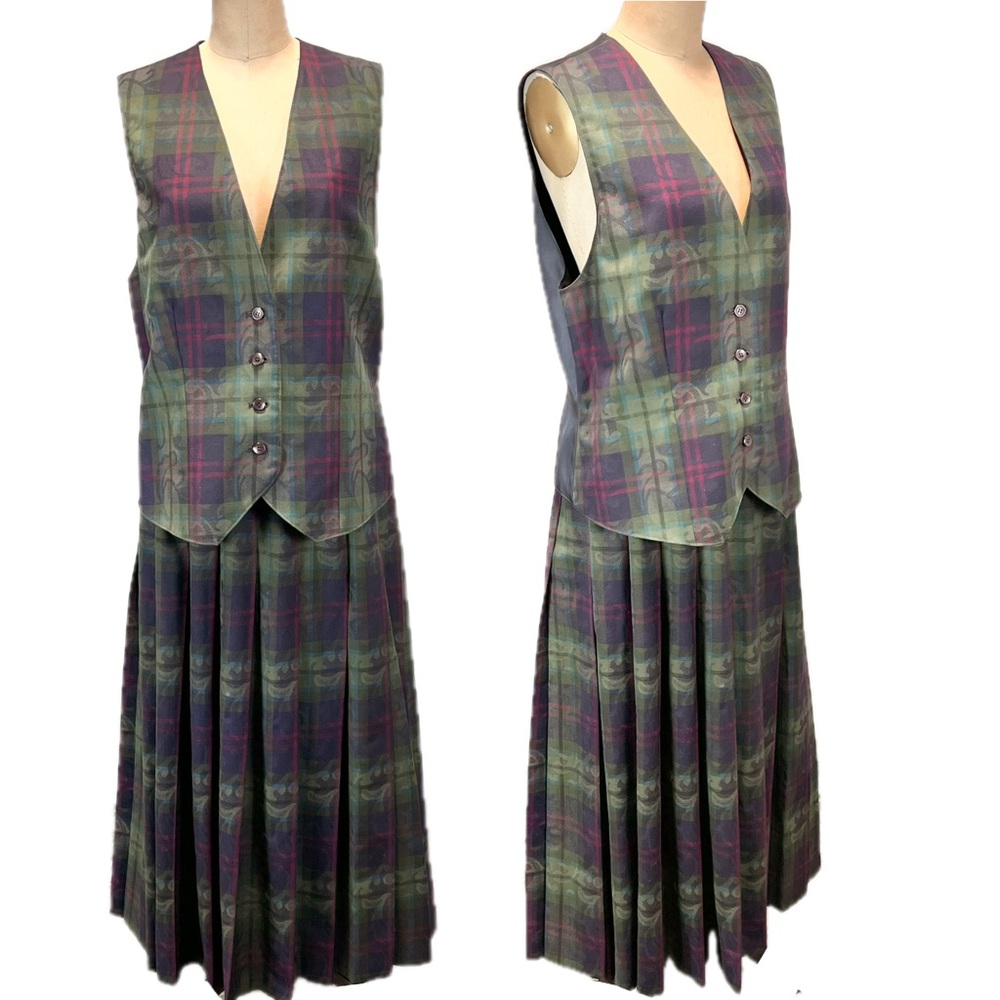 VINTAGE 90s Pendleton tartan plaid 2 piece dress set maxi pleated skirt vest - Picture 10 of 14